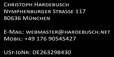 Christoph Hardebusch, c/o Literarische Agentur Thomas Schlück GmbH, Hohenzollernstraße 56, 30161 Hannover, E-Mail: webmaster@hardebusch.net, Mobil: +49 176 90545427, USt-IdNr: DE263298430